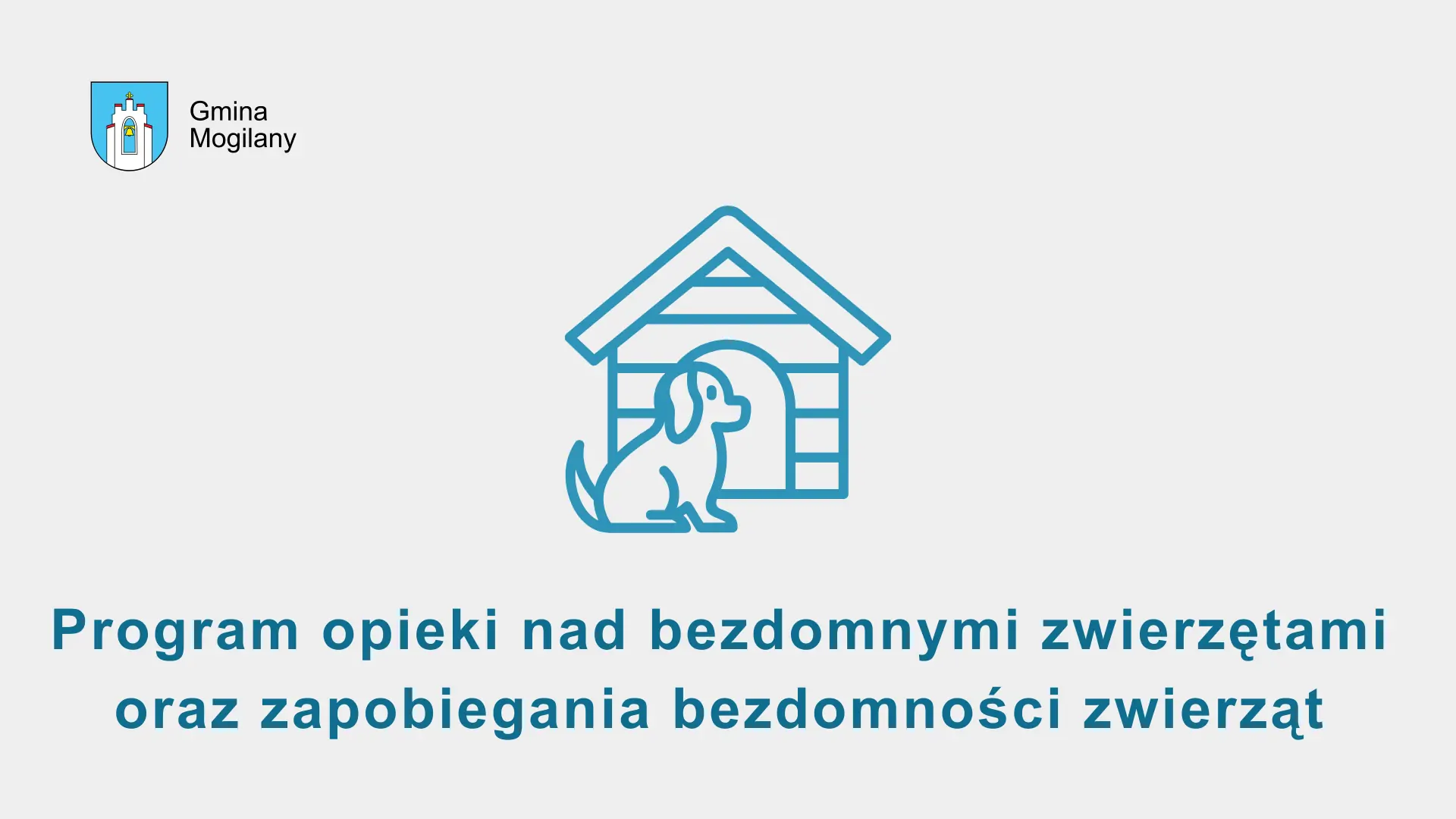 Grafika z budą dla psa i napisem: program opieki nad bezdomnymi zwierzętami oraz zapobiegania bezdomności zwierząt
